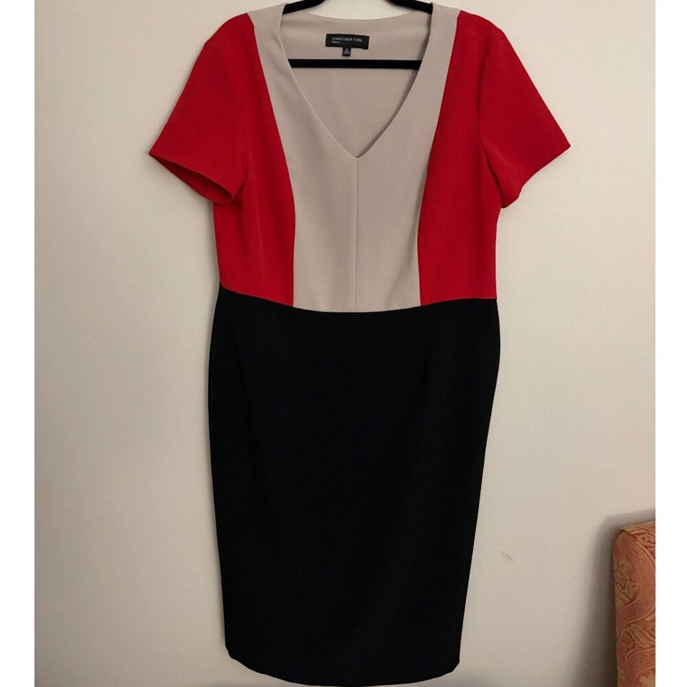Jones New York Dress Women’s 12 Colorblock Sheath Dress Red Black Beige Career